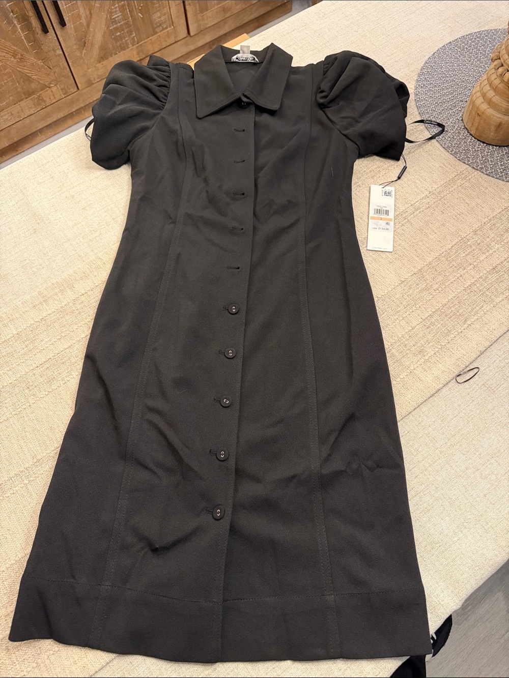 Calvin Klein Black Puff-Sleeve Midi Shirt Dress